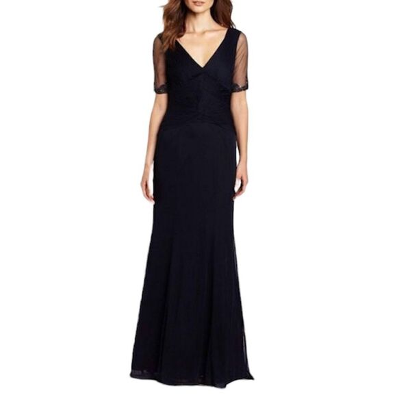 ADRIANNA PAPELL Beaded Illusion Keyhole Back Navy Dress Embellished Sleeves Sz 8 - Picture 1 of 15